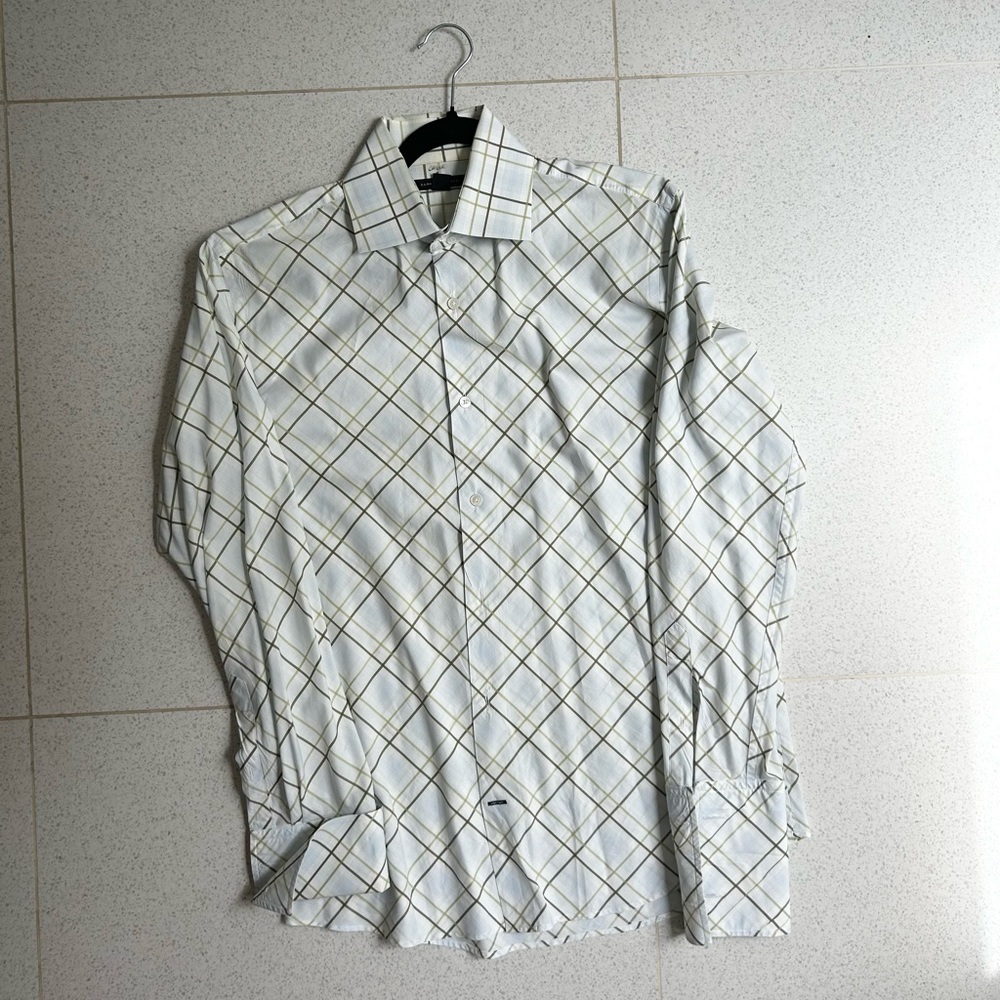 Light blue and green plaid banana republic dress shirt.